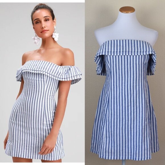 Lulus Dresses & Skirts - Lulu's Seaside Skipper Blue Striped Off-the-Shoulder Mini Dress